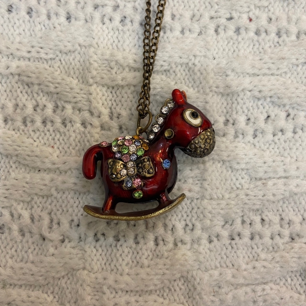 Enamal Red Rocking Horse with Rhinestones and Brass Chain